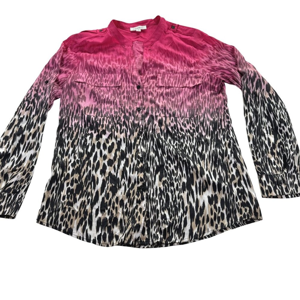 Calvin Klein Women's Pink to Leopard Gradient Button-Up Long Sleeve Roll Tab - M
